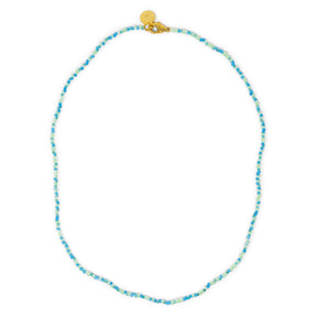 Teal blue greens seed bead necklce shown on white