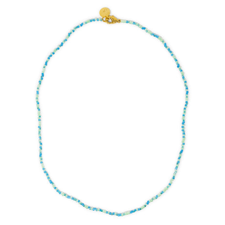 Teal blue greens seed bead necklce shown on white