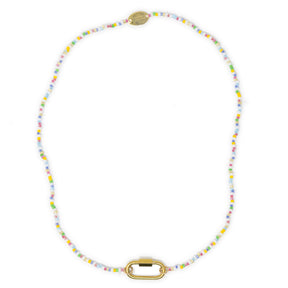 Colorful beaded charm bar base with carabiner clasp for charms on white top view