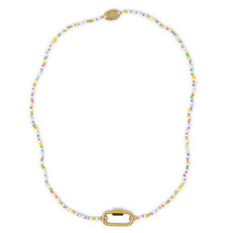 Colorful beaded charm bar base with carabiner clasp for charms on white top view