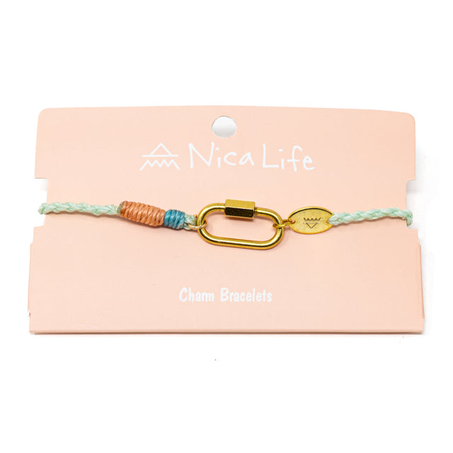 Charm bracelet with gold carabiner clasp made with colorful cord on a Nica Life branded card
