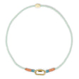 Hand braided rope charm bar necklace in teals & coral with carabiner clasp for charms shown on white
