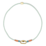 Hand braided rope charm bar necklace in teals & coral with carabiner clasp for charms shown on white
