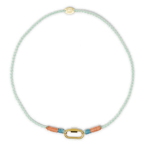 Hand braided rope charm bar necklace in teals & coral with carabiner clasp for charms shown on white