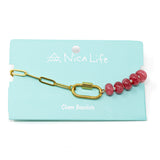 Dark pink pony bead and gold chain charm bar bracelet with carabiner for charms on teal Nica Life branded card