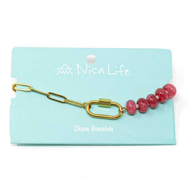 Dark pink pony bead and gold chain charm bar bracelet with carabiner for charms on teal Nica Life branded card