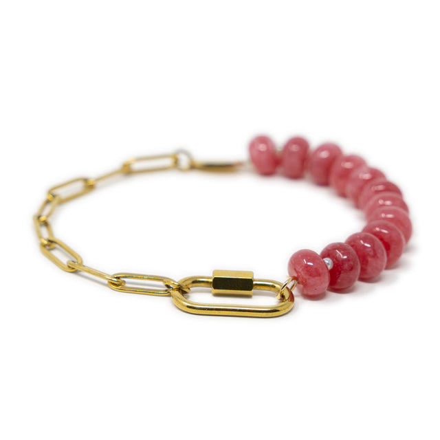 Dark pink poney bead and gold chain charm bar bracelet with gold carabiner for clasps shown on white front
