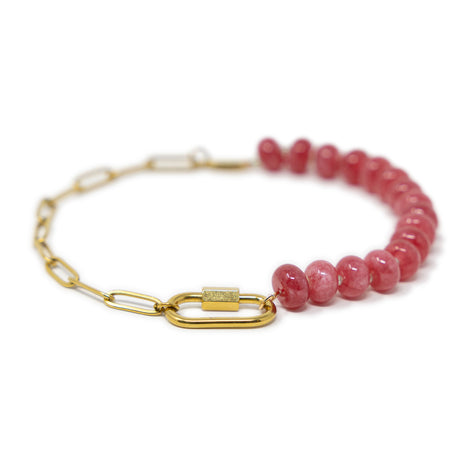Dark pink stone & gold chain charm bar anklet with a gold carabiner clasp for charms shown on white front view