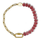 Dark pink stone bead & gold chain anklet base with gold carabiner clasp for charms shown on white top down