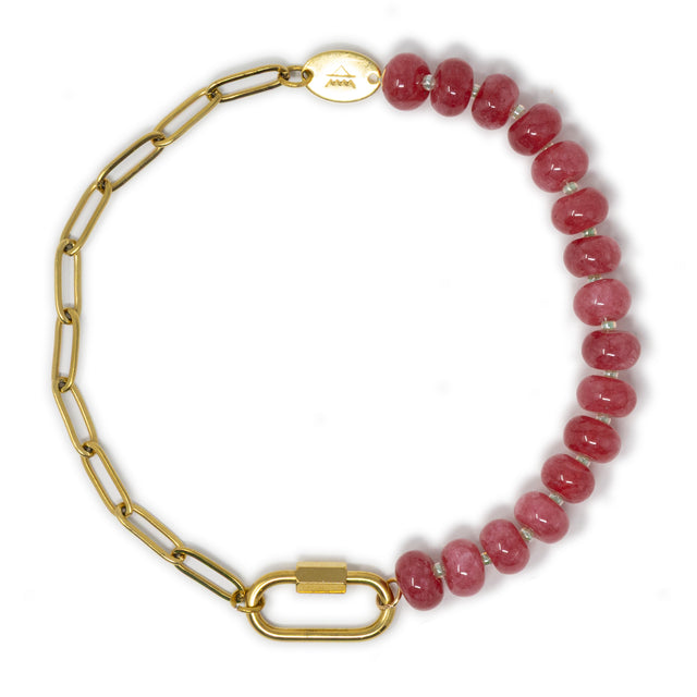 Dark pink stone bead & gold chain anklet base with gold carabiner clasp for charms shown on white top down
