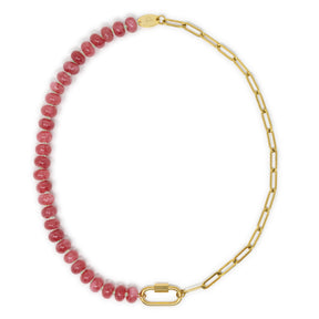 Dark pink stone pony beads & gold chain charm necklace with carabiner clasp or charms show on white top view