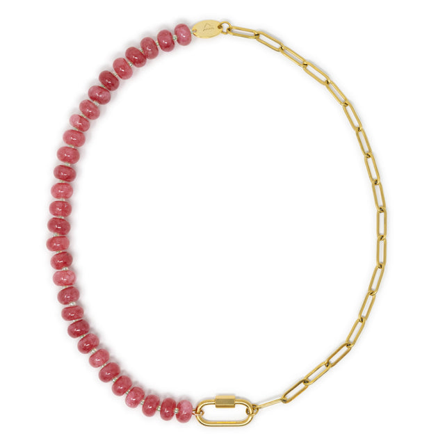 Dark pink stone pony beads & gold chain charm necklace with carabiner clasp or charms show on white top view