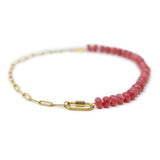 Dark pink stone & gold chain charm necklace with carabiner clasp for charms shown on white front view