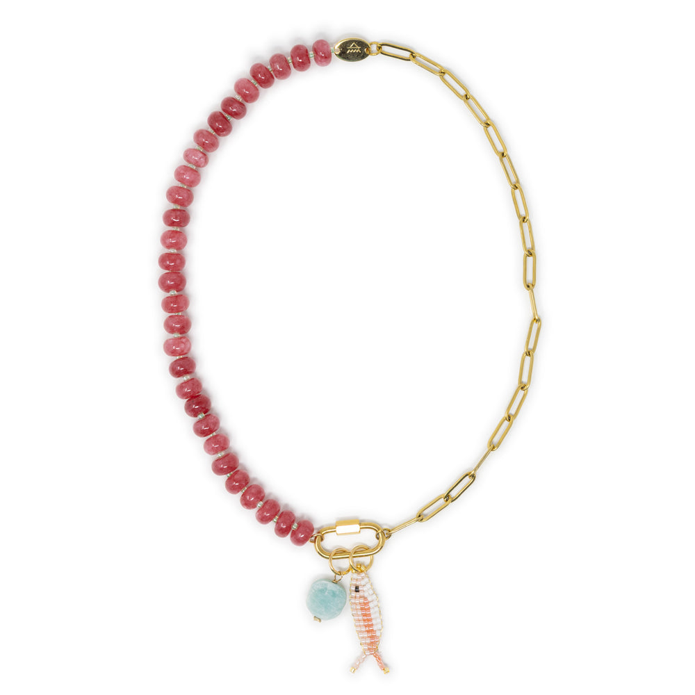 Dark pink stone pony bead & gold chain charm necklace with pink fish & amazonite charm shown on carabiner clasp on white 