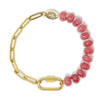 Dark pink stone pony beads and gold chain charm bar bracelet with gold carabiner to hold charms on white top view