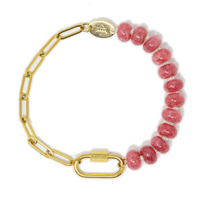 Dark pink stone pony beads and gold chain charm bar bracelet with gold carabiner to hold charms on white top view