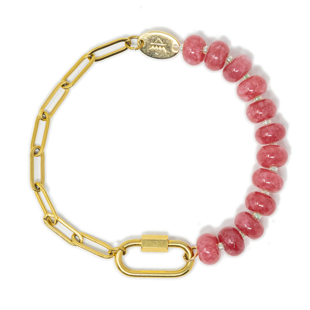 Dark pink stone pony beads and gold chain charm bar bracelet with gold carabiner to hold charms on white top view