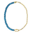 Necklace with blue beads and gold chain and a carabiner clasp for charms on a white background