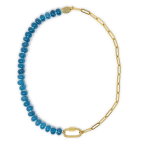 Necklace with blue beads and gold chain and a carabiner clasp for charms on a white background