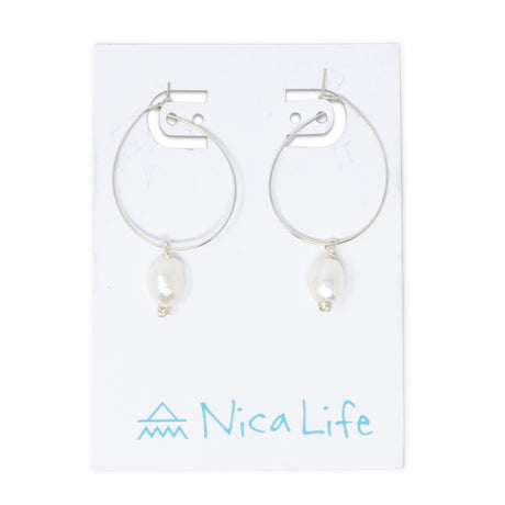 Silver Hoop Earring w/ White Pearl