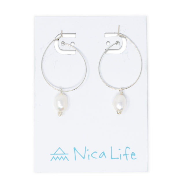 Silver Hoop Earring w/ White Pearl