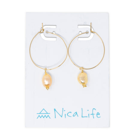 Gold Hoop Earring w/ Peach Pearl