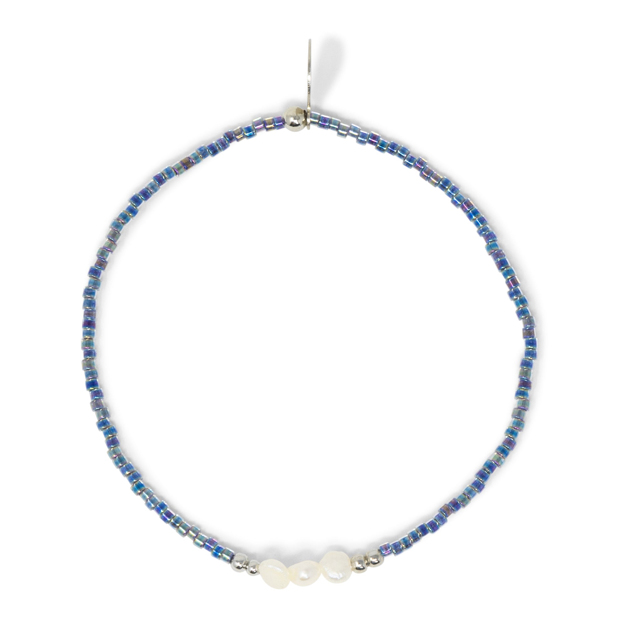 Pearl w/ Marine Blue  Stretch Bracelet in Silver