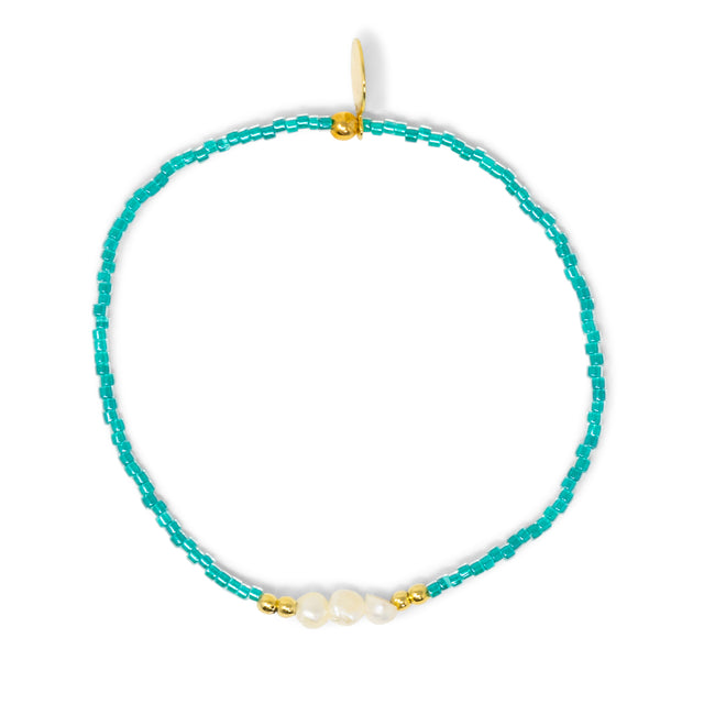 Pearl w/ Sea Green & Gold Stretch Bracelet