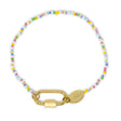 Bright multicolored beaded charm bracelet with a gold carabiner clasp for charms on a white background