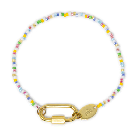 Bright multicolored beaded charm bracelet with a gold carabiner clasp for charms on a white background