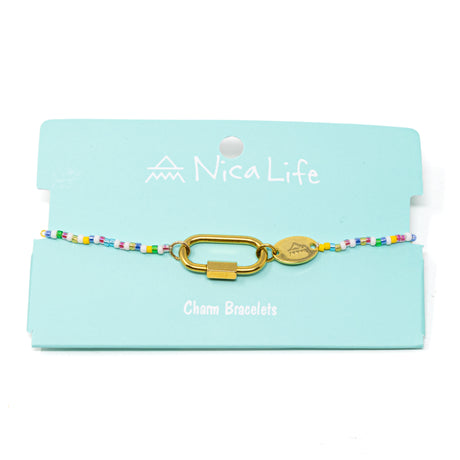 Bright mulit color charm bar bracelet with gold carabiner clasps for charms on a teal Nica Life branded card.