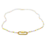 Multicolored beaded  charm bar necklace with a gold carabiner clasp  for charms on a white background