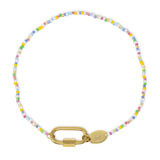 Bright color seed bead charm bar anklet with carabiner clasp for charms shown on white top view