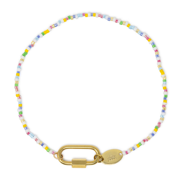 Bright color seed bead charm bar anklet with carabiner clasp for charms shown on white top view