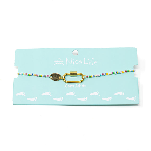 Bright color beaded charm bar anklet with carabiner claps for charms on teal Nica Life branded card. 