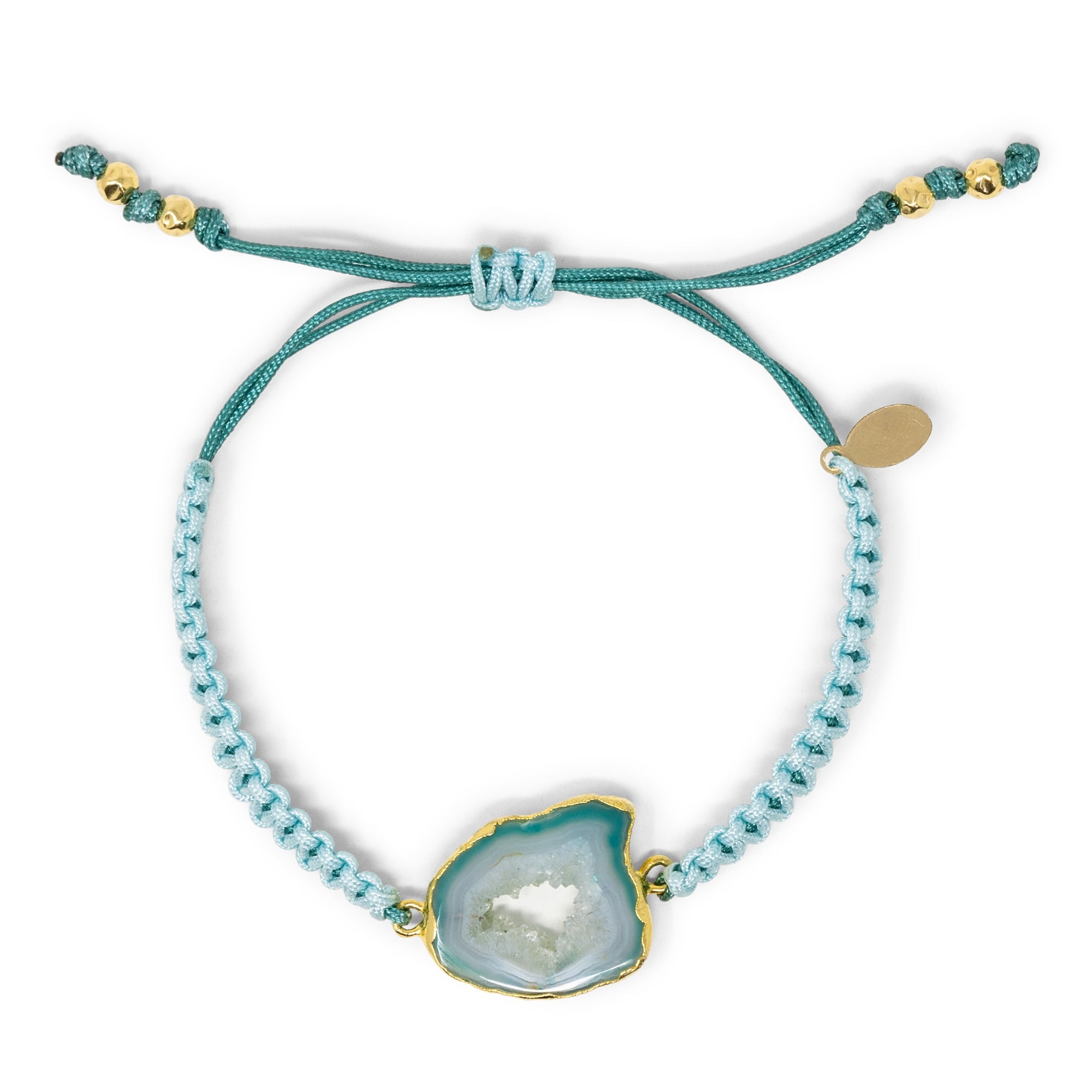 Geode Slice on Macrame Bracelet, silky aqua cord w/ Vermeil Bead 