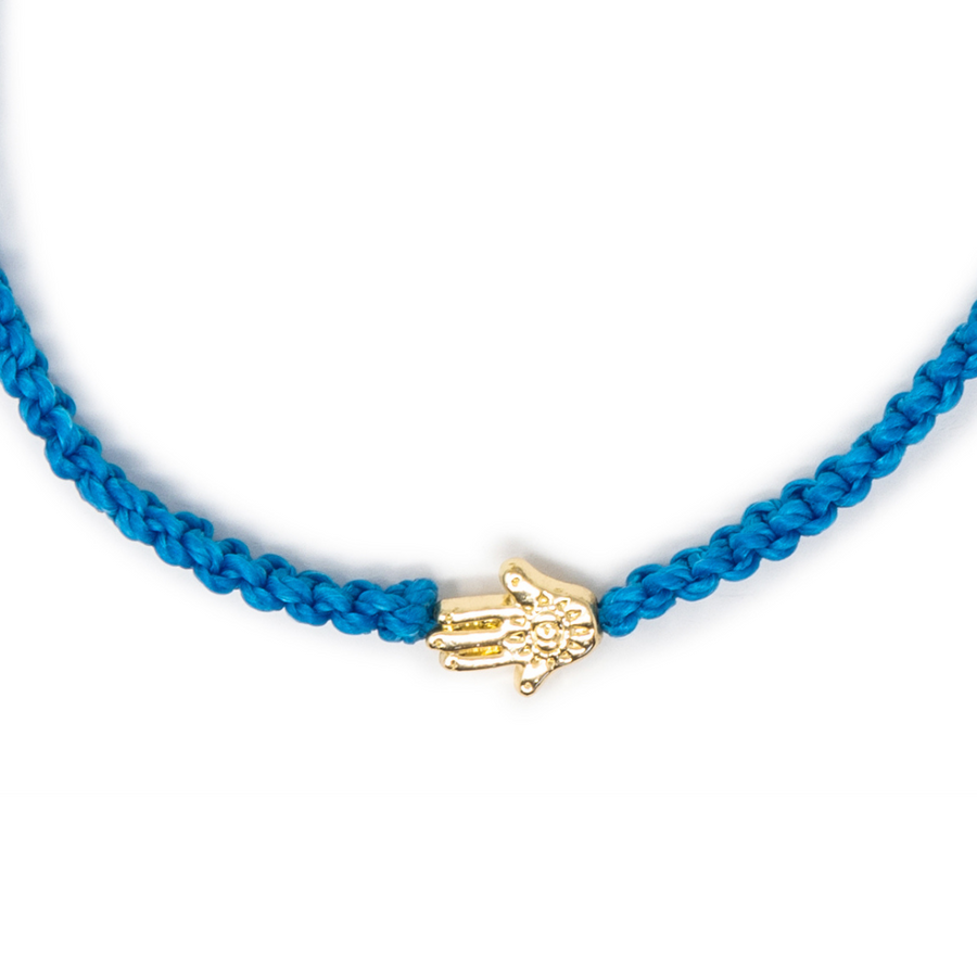 Hamsa Charm Bright Blue Macrame Bracelet on White
