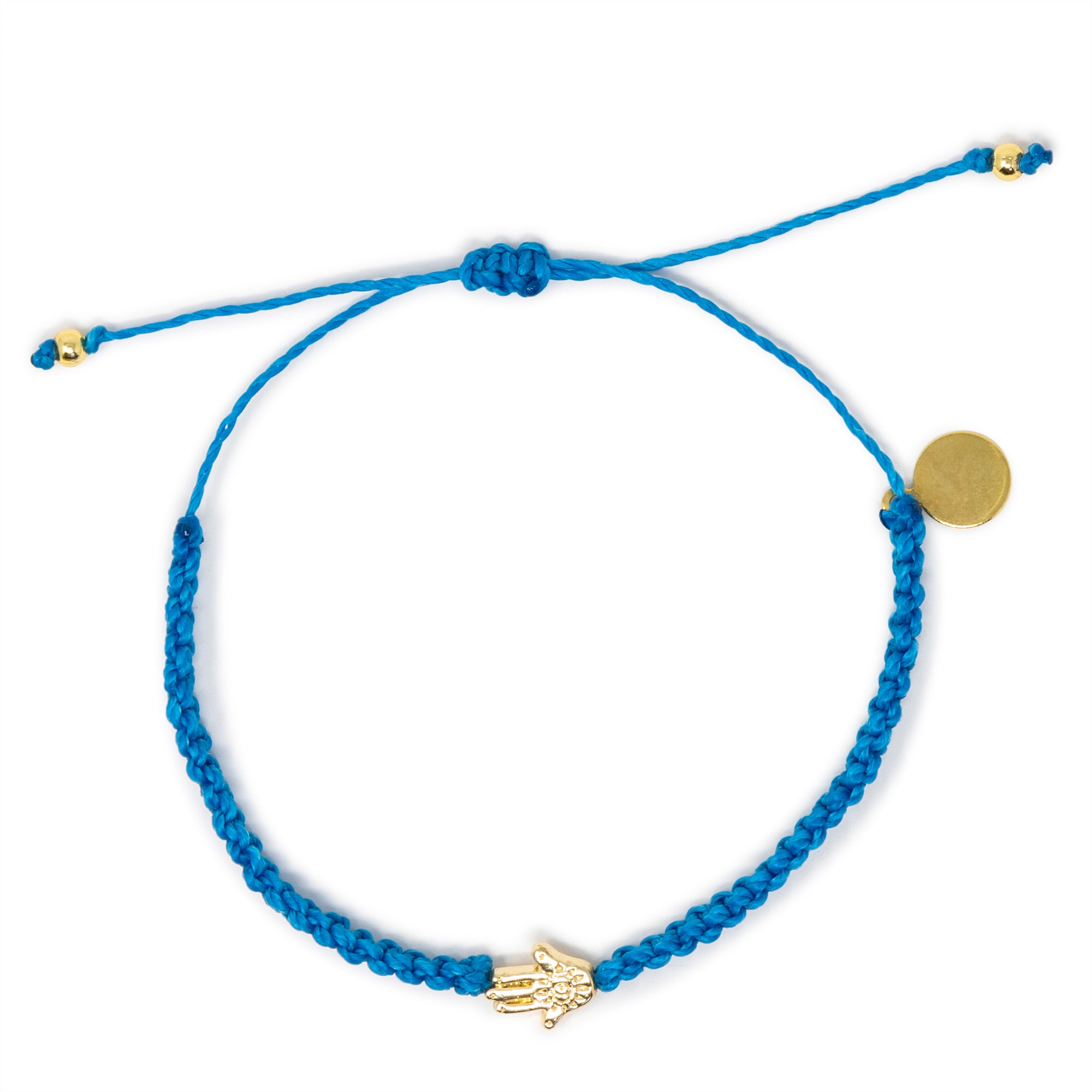 Hamsa Charm Bright Blue Macrame Bracelet on White