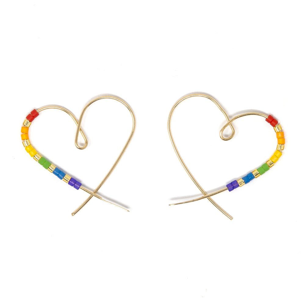 Heart Seed Bead Threader Earring Rainbow & Gold