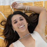Jasper Choker Aquamarine Earrings & White Seed Bead Bracelets on Model 