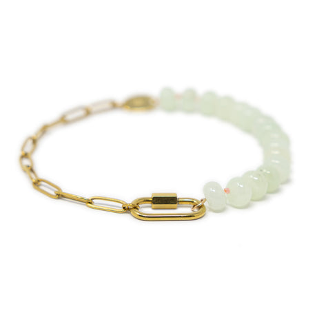 Mint color stone pony bead & gold chain charm bar anklet with a gold carabiner clasp for charms shown on white front view
