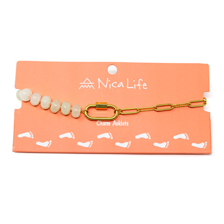 Mint color stone bead & gold chain charm bar anklet with a gold carabiner clasp for charms on coral Nica Life branded card