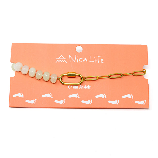 Mint color stone bead & gold chain charm bar anklet with a gold carabiner clasp for charms on coral Nica Life branded card
