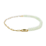 Soft mint color stone beads & gold chain charm necklace on white front view