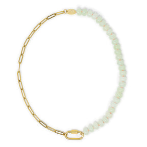Light mint stone pony bead & gold chain charm necklace with gold carabiner for charms shown on white