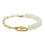 Gold bracelet with a chain and mint bead design with carabiner for charms on a white background