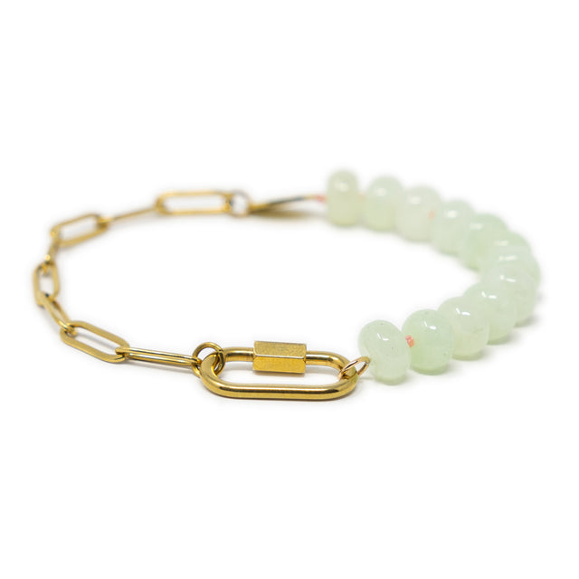 Gold bracelet with a chain and mint bead design with carabiner for charms on a white background