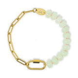Bracelet with gold chain and mint stone pony beads with a gold carabiner for charms on a white background