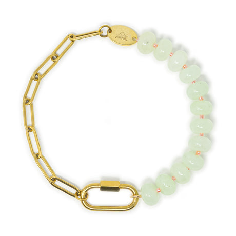 Bracelet with gold chain and mint stone pony beads with a gold carabiner for charms on a white background