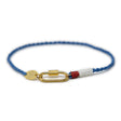 Hand braided rope charm anklet in nautical blue red and white colors with a gold carabiner clasp for charms show on white from the front 
